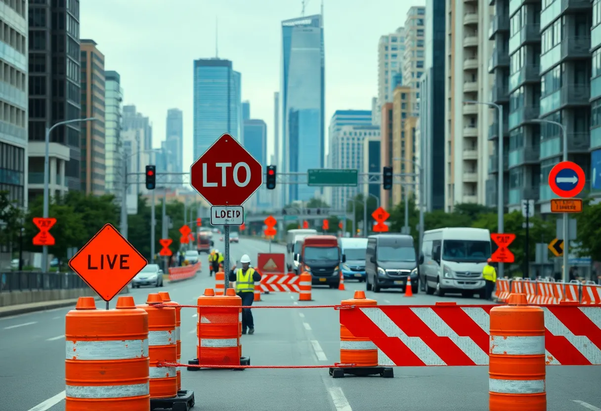 Construction lane closures in Augusta with road signs and workers