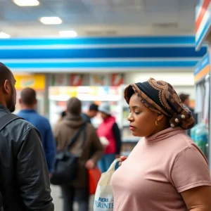 Community gathering near a convenience store after a shooting incident