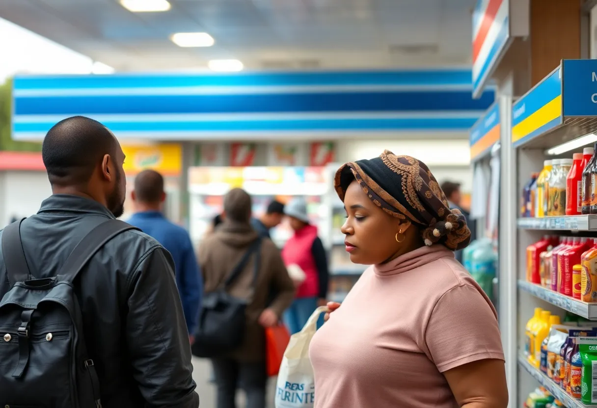 Community gathering near a convenience store after a shooting incident