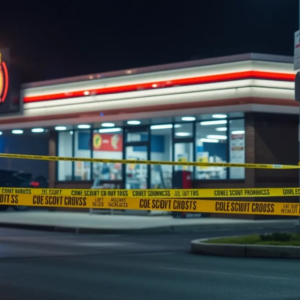 Law enforcement officers collecting evidence outside a convenience store