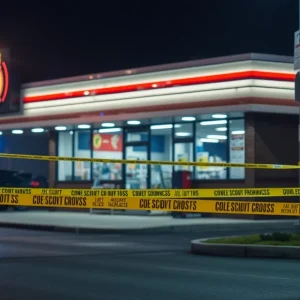 Police tape surrounding a convenience store building.