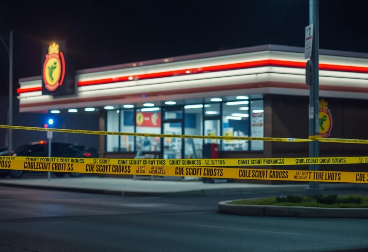 Police tape surrounding a convenience store building.