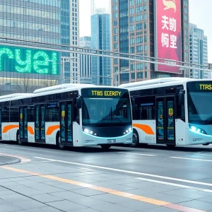 Illustration of electric buses in Augusta's urban landscape