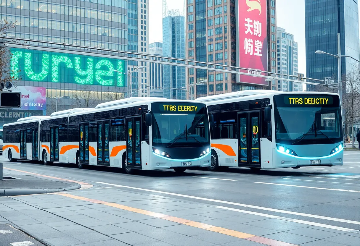 Illustration of electric buses in Augusta's urban landscape