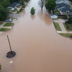 Aerial view of flood damage in Augusta with visible water accumulation and debris.