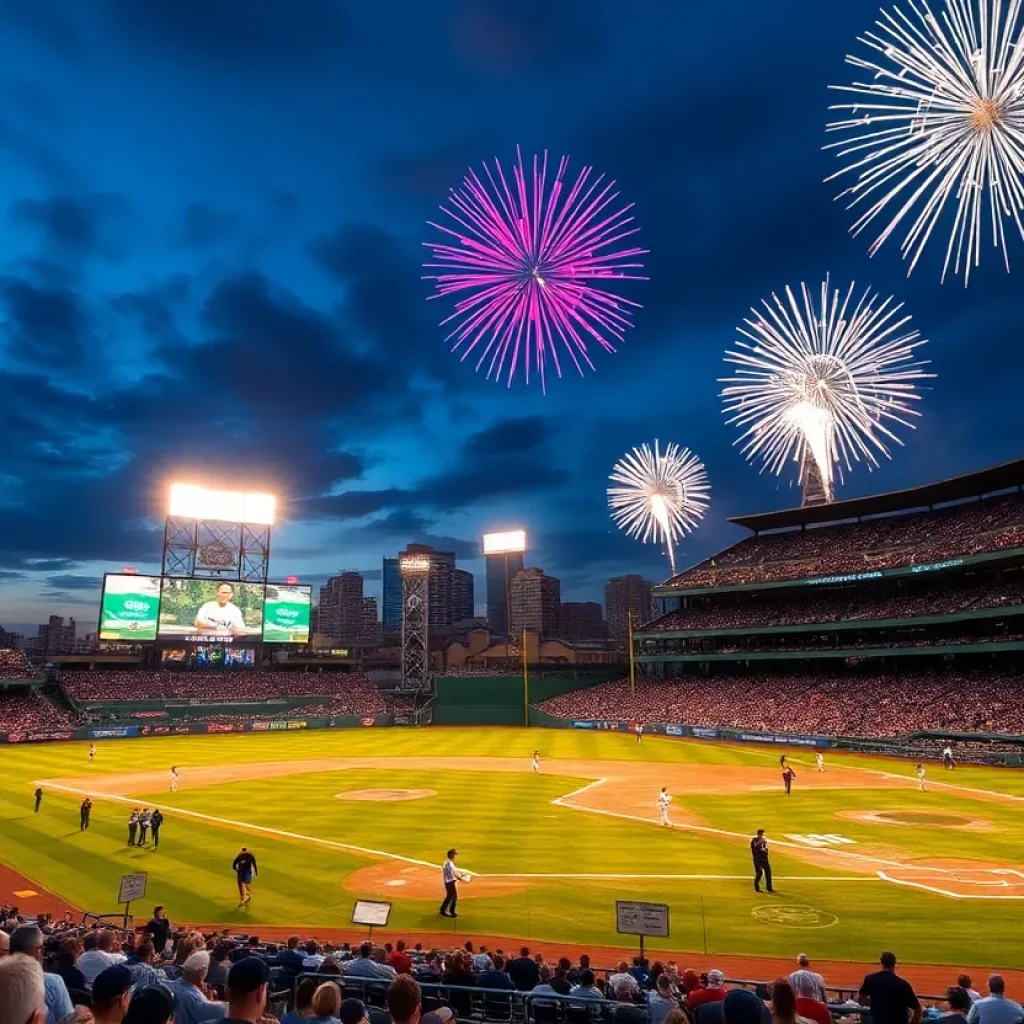 Fireworks bursting in the night sky over a baseball stadium filled with cheering fans.