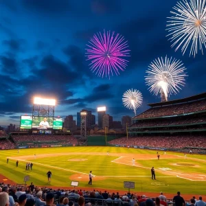 Fireworks bursting in the night sky over a baseball stadium filled with cheering fans.