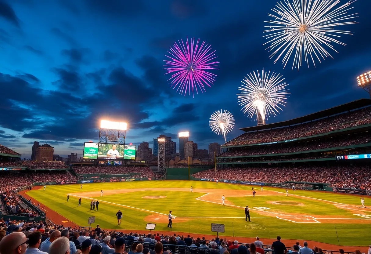 Fireworks bursting in the night sky over a baseball stadium filled with cheering fans.