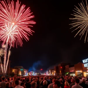 Colorful fireworks illuminating the night sky over downtown Augusta during the Independence Day celebration.