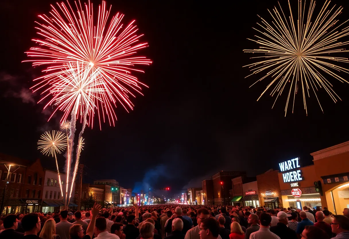 Colorful fireworks illuminating the night sky over downtown Augusta during the Independence Day celebration.