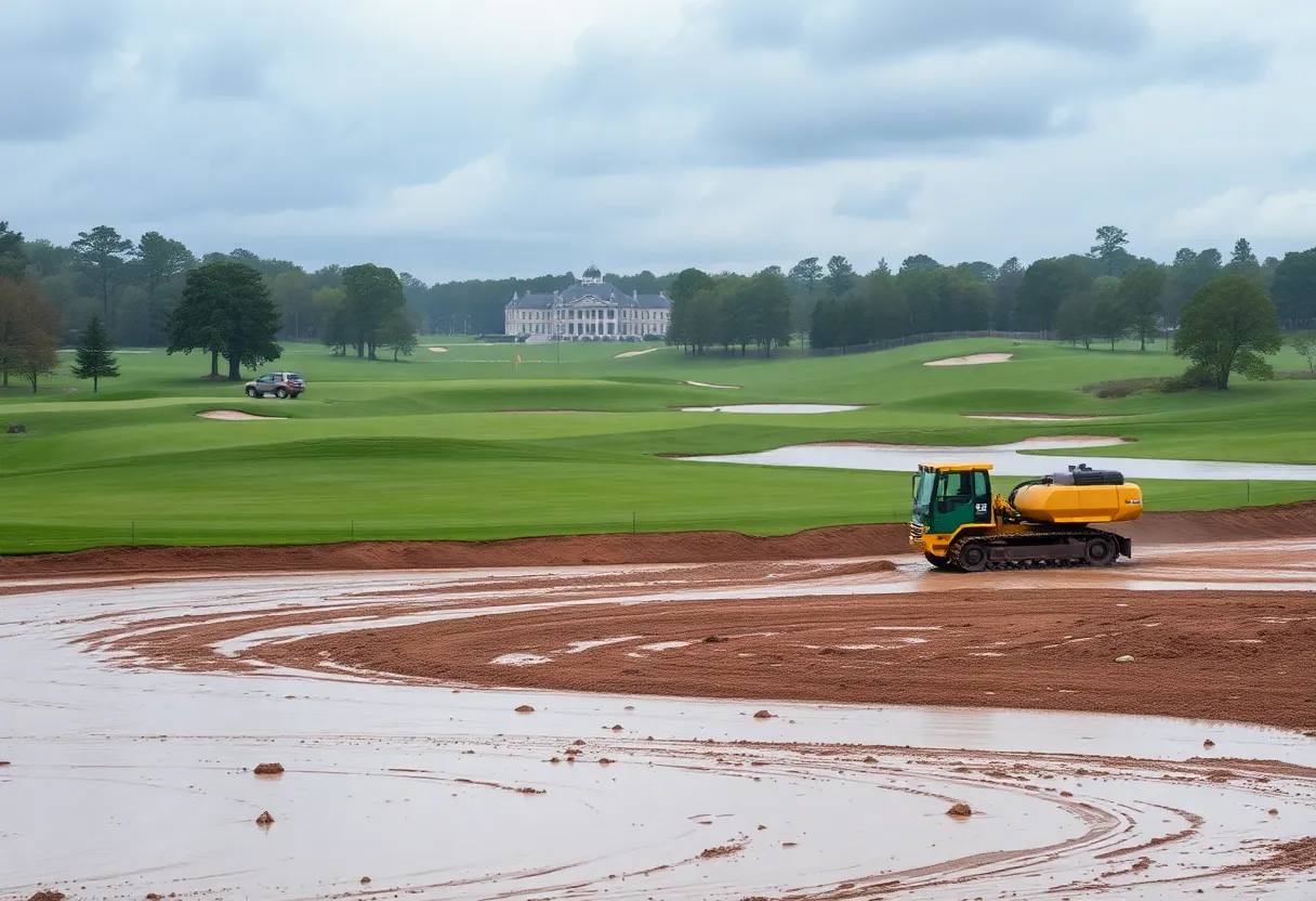 Floodwaters at Augusta National Golf Club with renovation equipment
