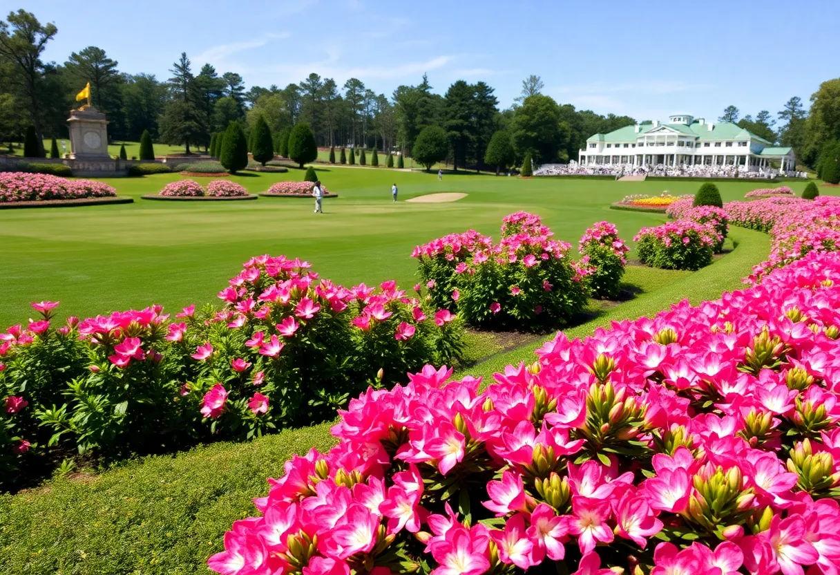 Beautiful gardens at Augusta National Golf Club with blooming flowers