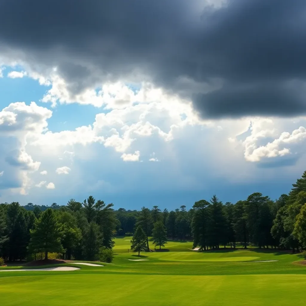 Augusta National Golf Club under sunny skies with looming thunderstorm clouds.