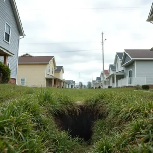 Overgrown sewer easement behind residential homes in Augusta