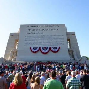 Community gathering at the Signer’s Monument with a large patriotic monument in the background.