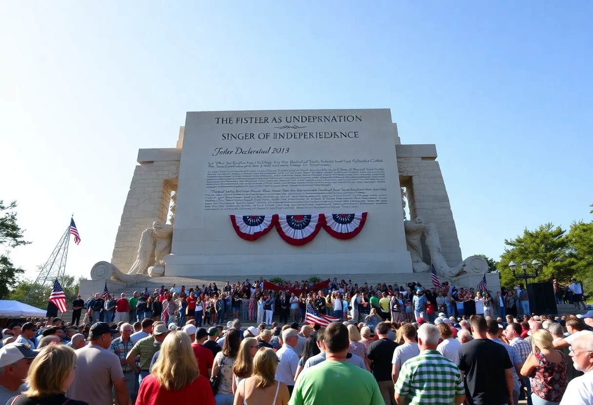 Community gathering at the Signer’s Monument with a large patriotic monument in the background.