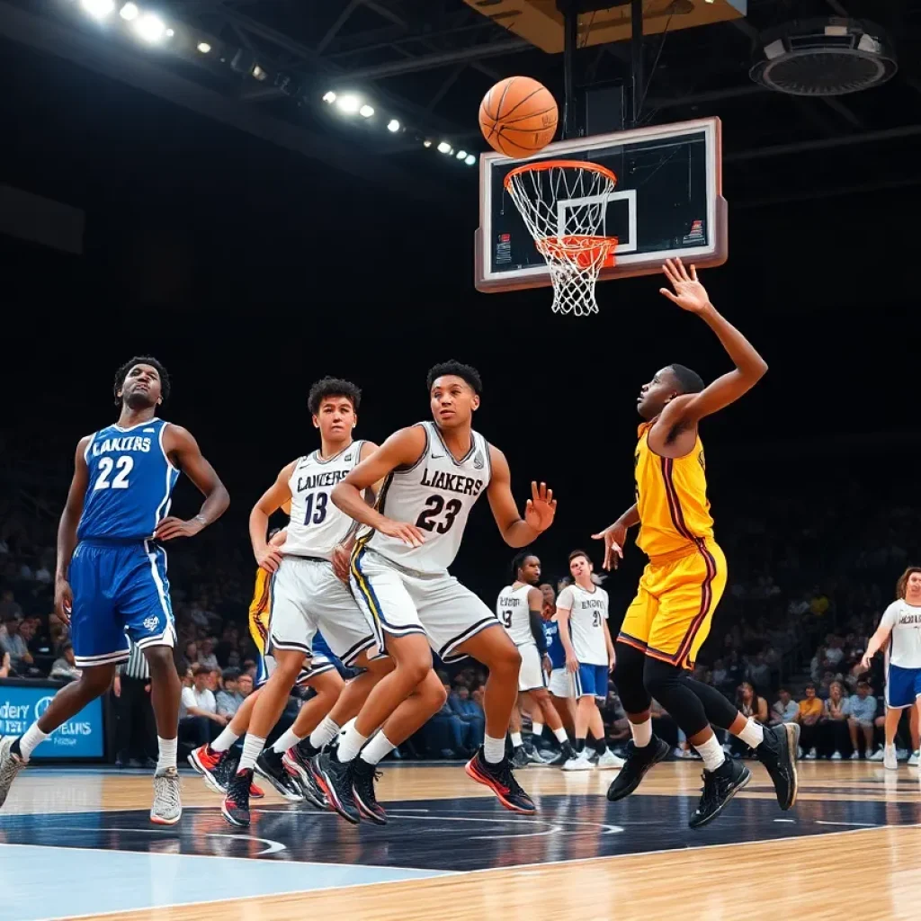 Augusta University basketball players in action on the court.