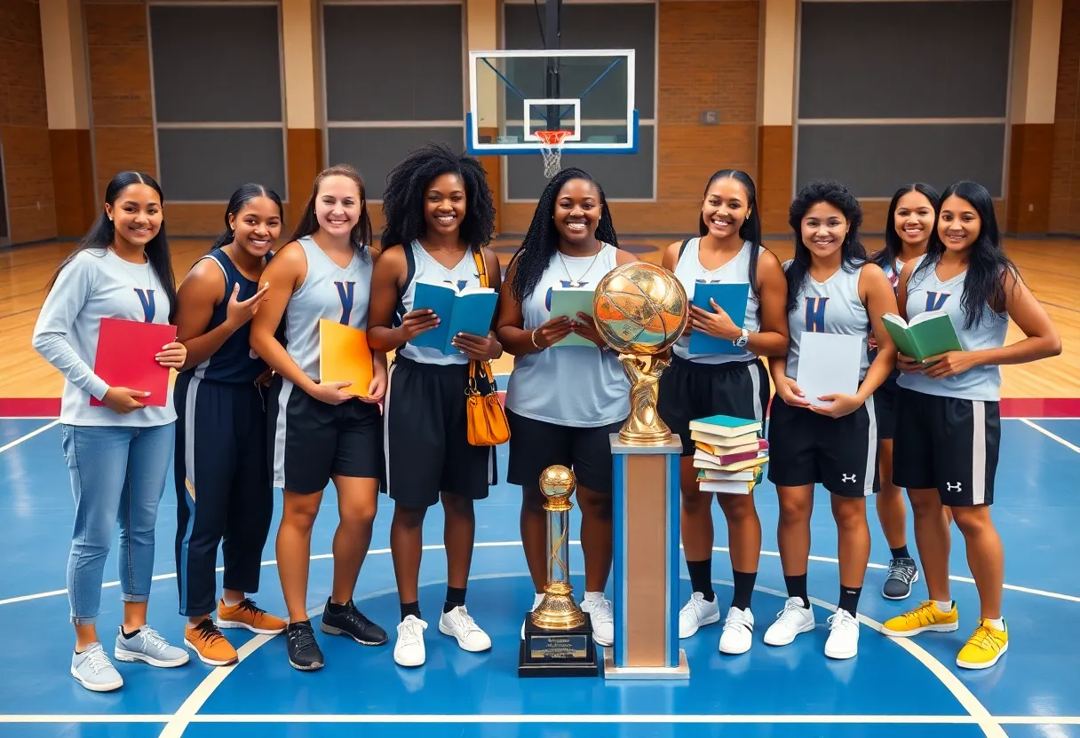 Augusta University women's basketball team celebrating their academic honor