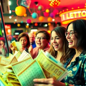 Colorful lottery tickets and festive atmosphere celebrating a Powerball win in Augusta.