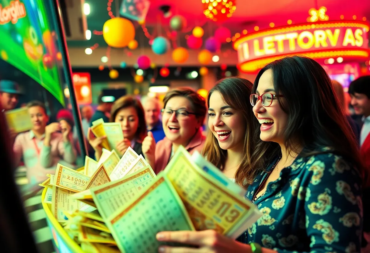 Colorful lottery tickets and festive atmosphere celebrating a Powerball win in Augusta.