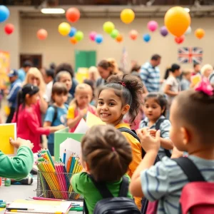 Families enjoying a back-to-school event with supplies and activities