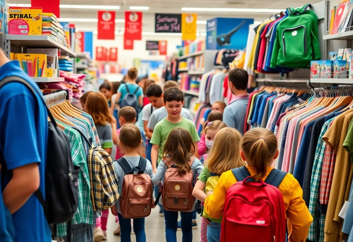 Families shopping for back-to-school supplies in a retail store.