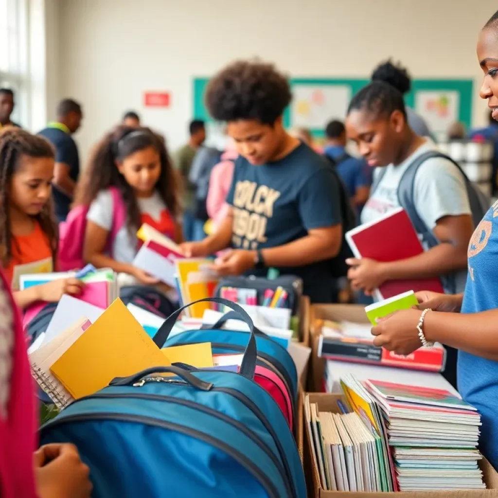 Volunteers organizing school supplies for homeless children