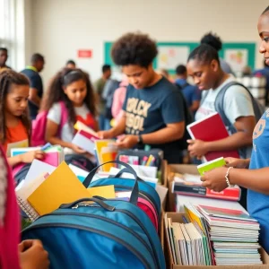 Volunteers organizing school supplies for homeless children