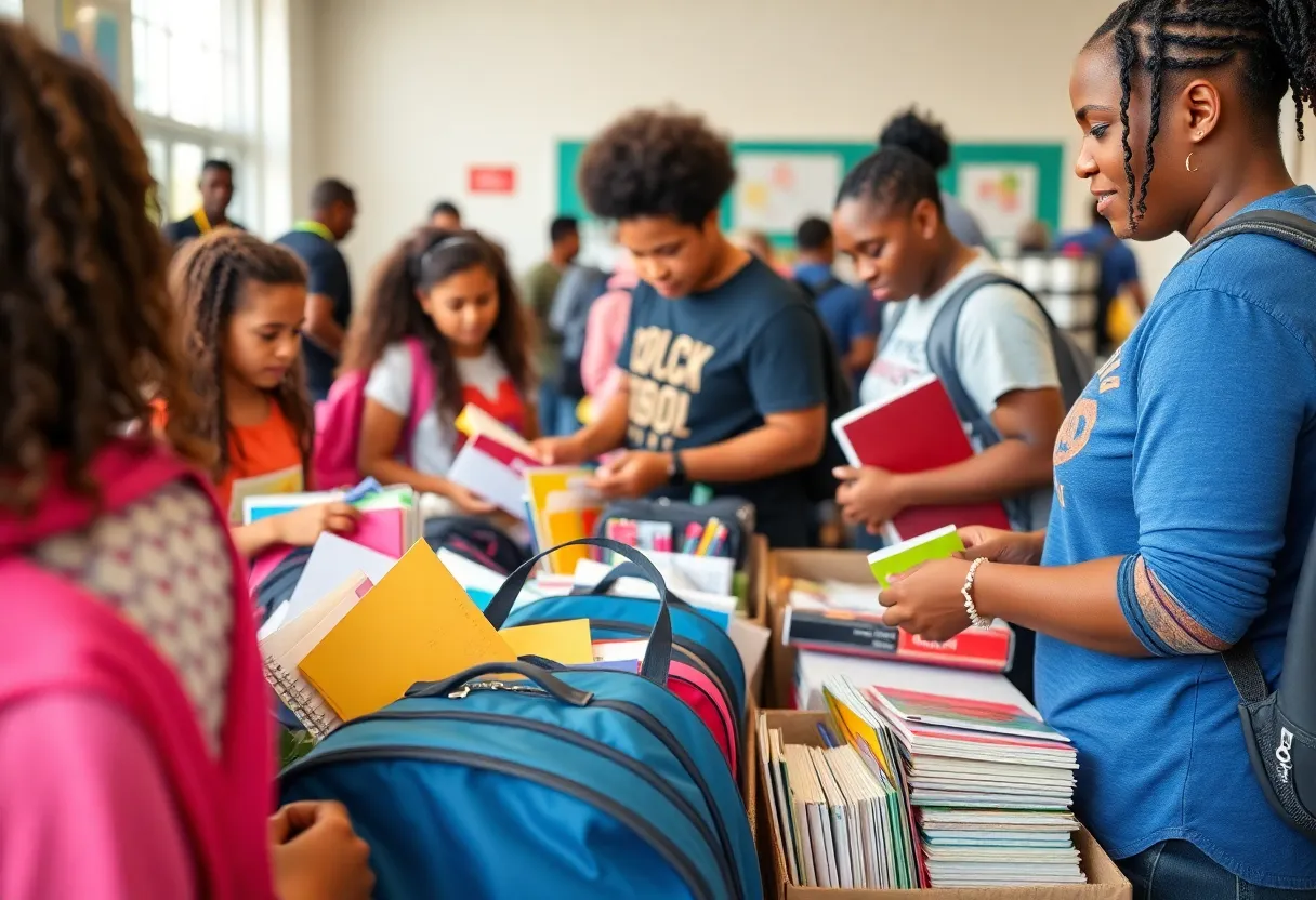 Volunteers organizing school supplies for homeless children