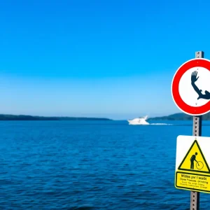 Calm lake water with boating safety signs in the foreground