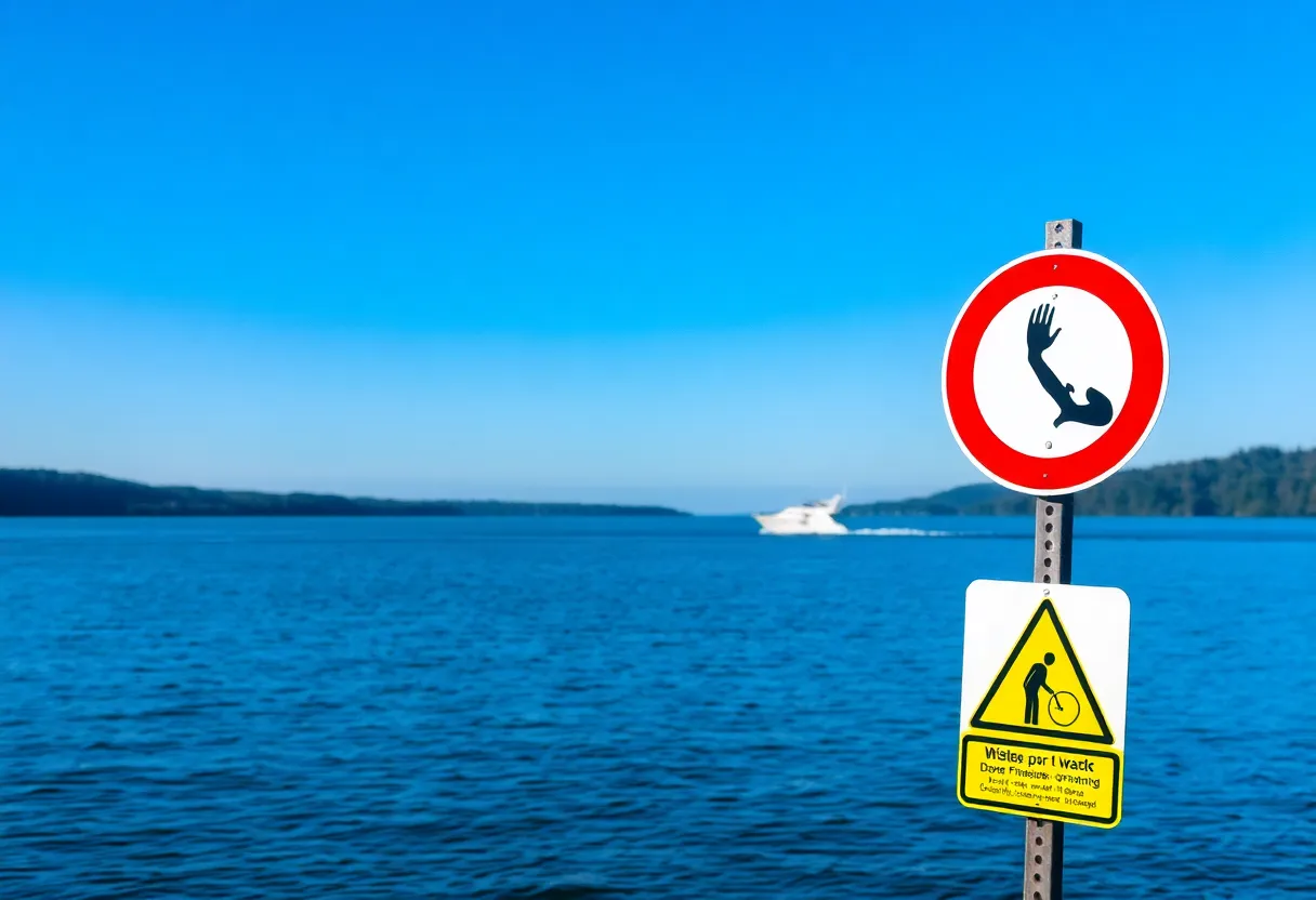 Calm lake water with boating safety signs in the foreground