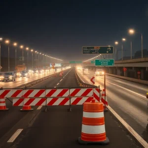 Construction work on Bobby Jones Expressway at night