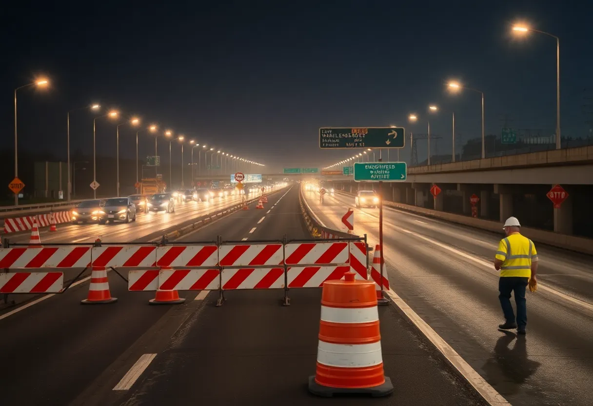 Construction work on Bobby Jones Expressway at night