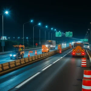 Construction workers on Bobby Jones Expressway at night