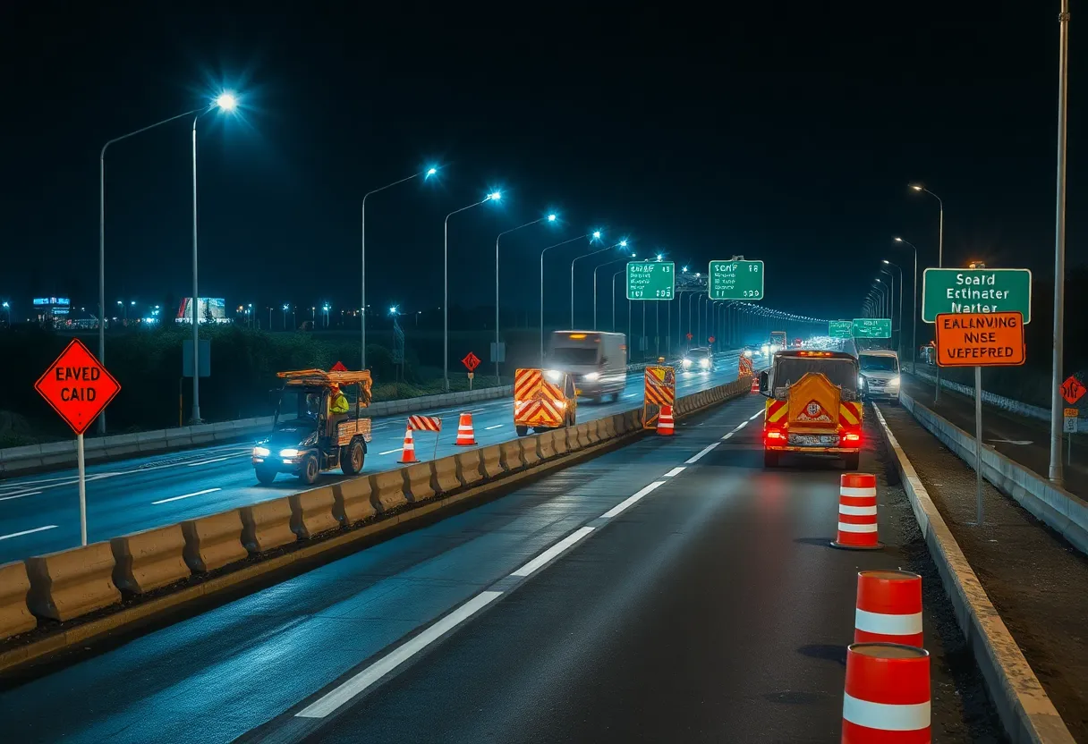 Construction workers on Bobby Jones Expressway at night