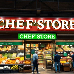 Illustration of CHEF'STORE storefront in Augusta, showcasing fresh food supplies.