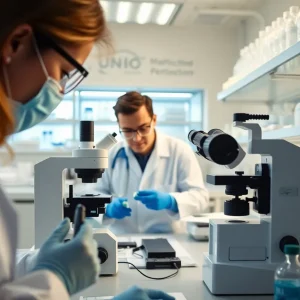 Scientists researching methods to prevent childhood blindness in a laboratory