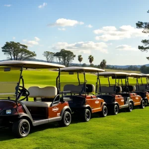 Club Car golf vehicles lined up at a golf tournament