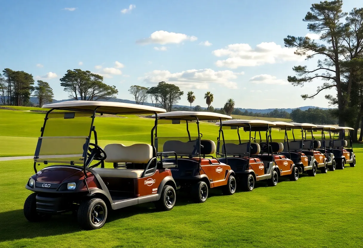 Club Car golf vehicles lined up at a golf tournament