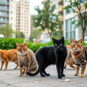 Community cats roaming in an urban environment