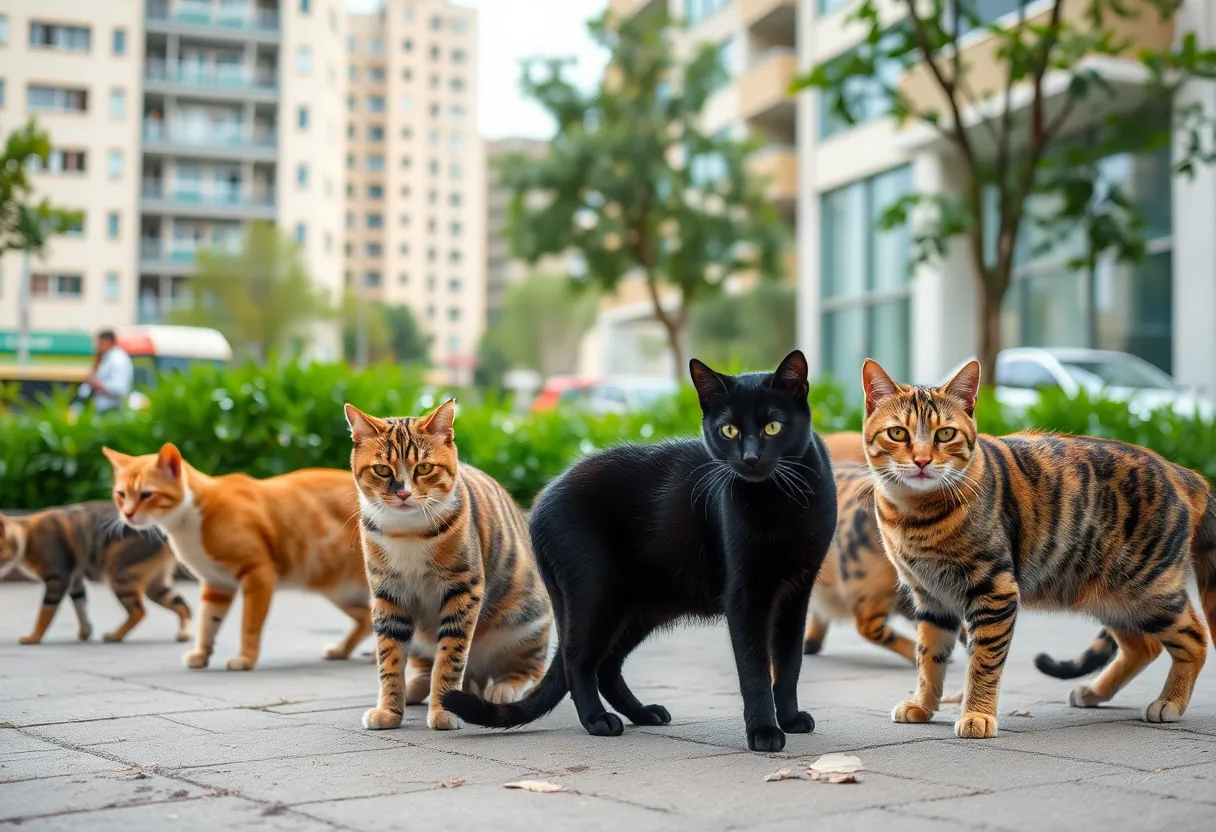 Community cats roaming in an urban environment