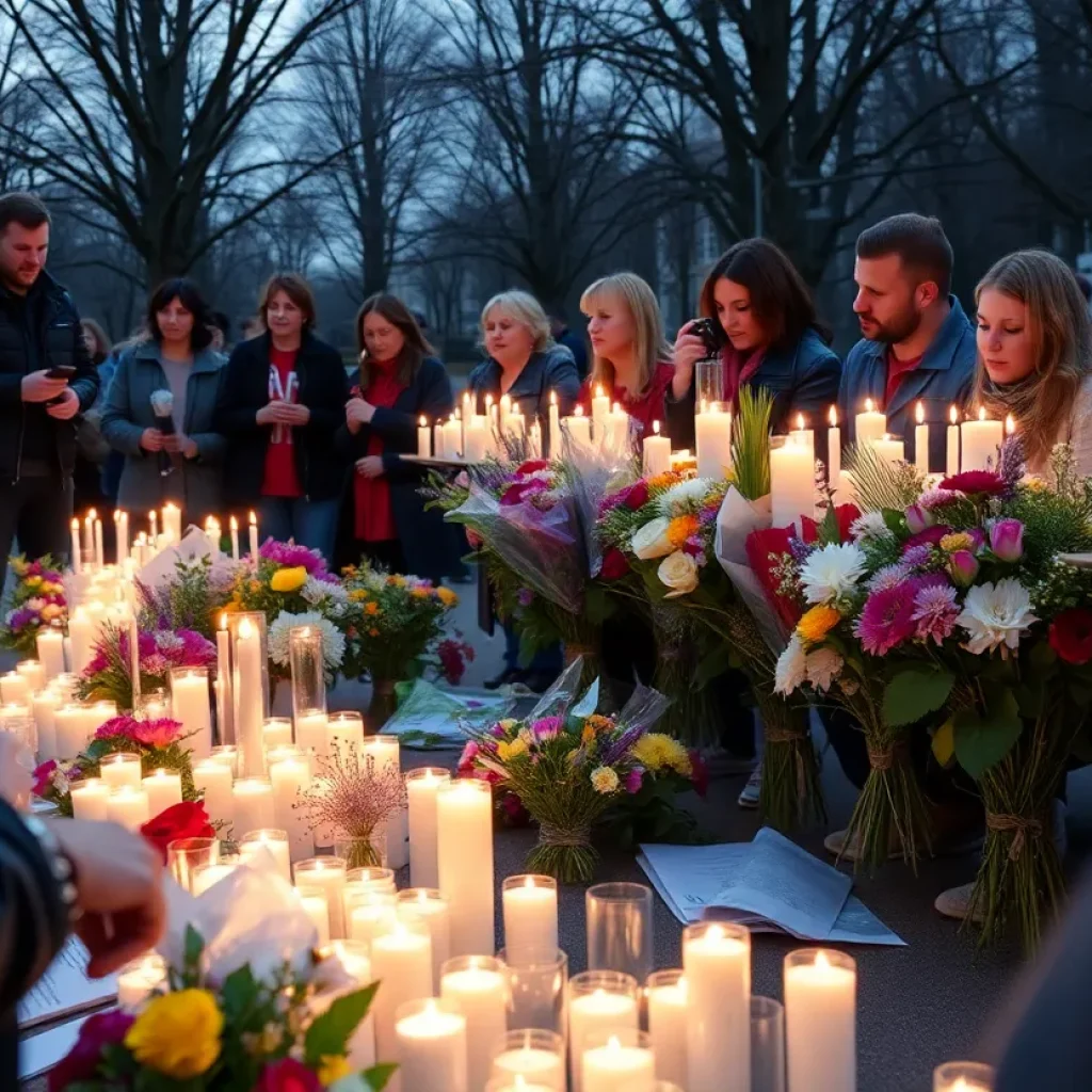 Community members gathered for a memorial service holding candles and flowers.