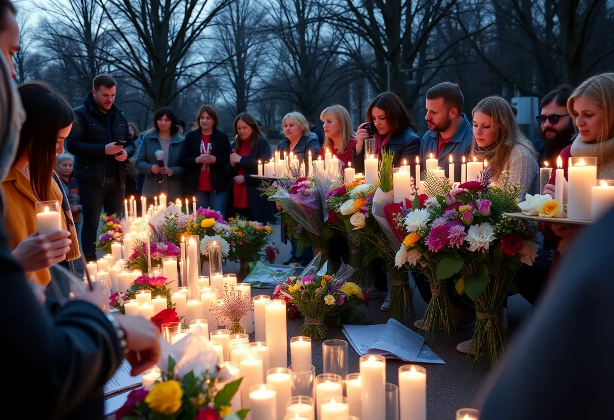 Community members gathered for a memorial service holding candles and flowers.