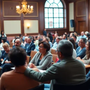Residents engaging in a community meeting at city hall on local governance