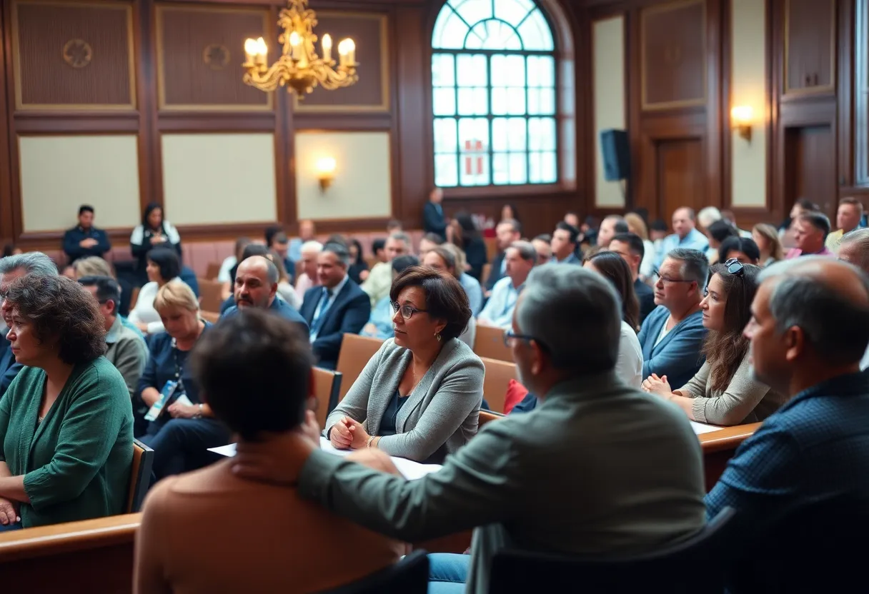 Residents engaging in a community meeting at city hall on local governance