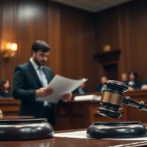 A courtroom scene showing legal proceedings in a financial fraud lawsuit.