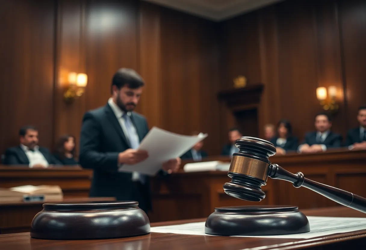 A courtroom scene showing legal proceedings in a financial fraud lawsuit.