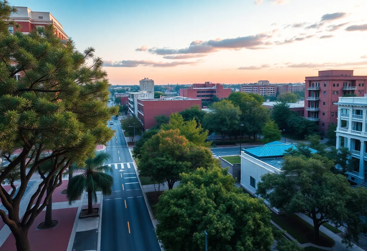 View of Downtown Augusta showcasing the effects of tree removal on Broad Street.