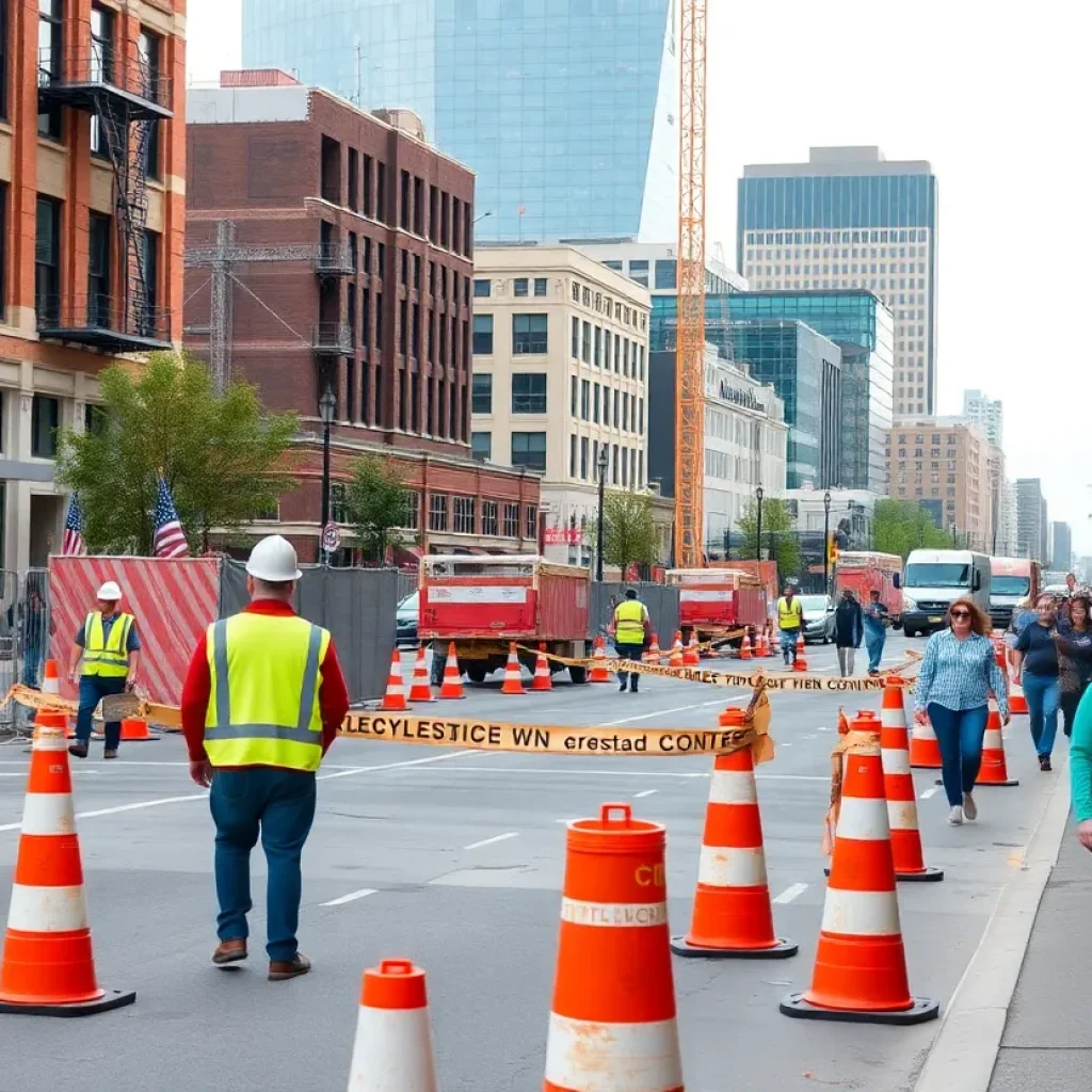 Construction work in downtown Augusta with traffic cones and workers.