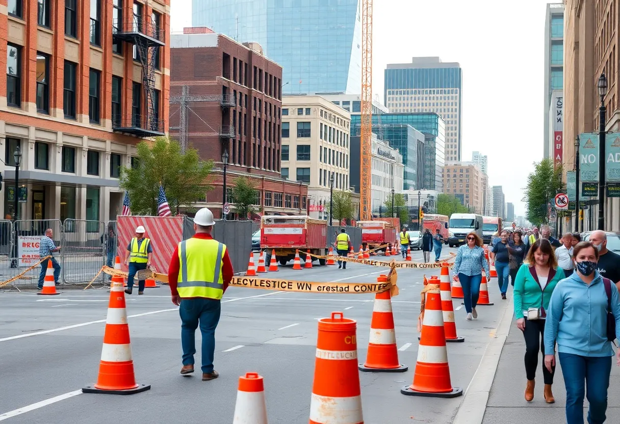 Construction work in downtown Augusta with traffic cones and workers.